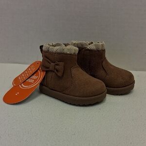NWT Wonder Nation Brown Suede-Look Ankle Boots with Knit Cuff & Bow with Velcro